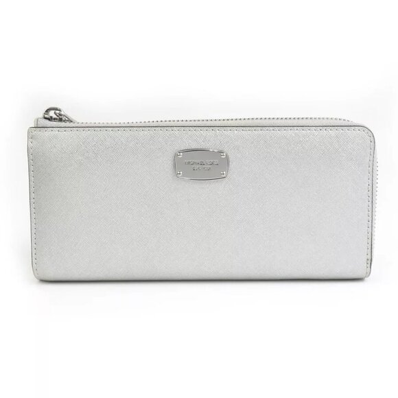 Auth Michael Kors Zipper Long Wallet Silver Leather - Picture 1 of 13